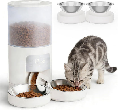 6L Automatic Cat Feeder for 2 Cats, Timed Cat Food Dispenser with 2 Stainless Bowls, 10s Voice Recorder, Dual Power Supply, 6 Meals 50 Portions Per Day, Dual Pet Feeder for Cat and Dog